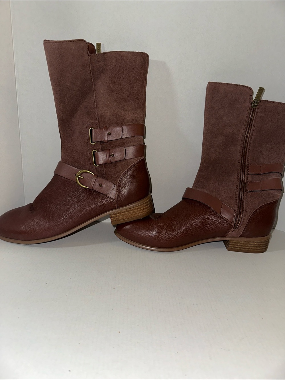 SoftWalk Brown Leather & Suede Mid-Calf Buckle Boots 7.5 or 8